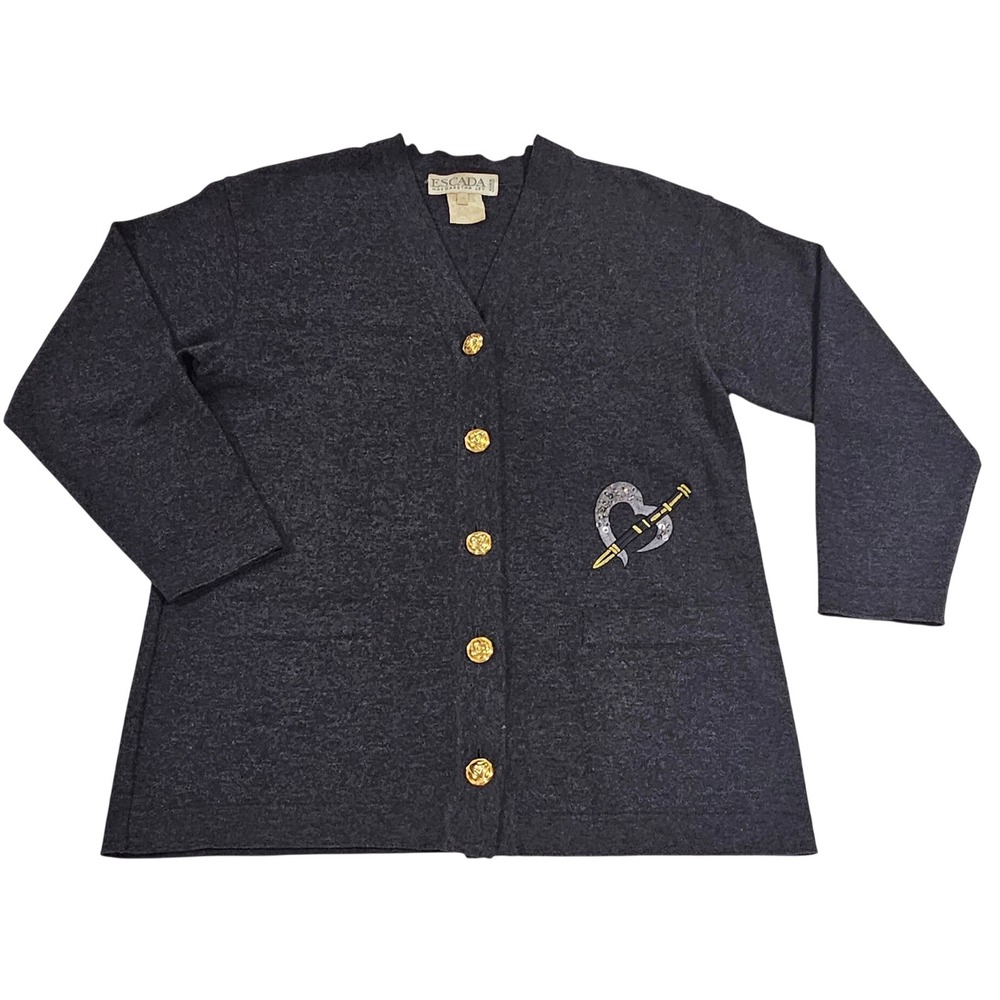 Escada Margaretha Ley Gray Wool Cashmere Cardigan Heart Dagger Sequin Vintage 34